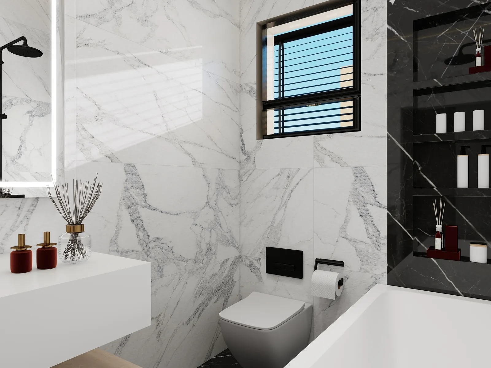 White marble-look porcelain bathroom with black marble niche and floating vanity