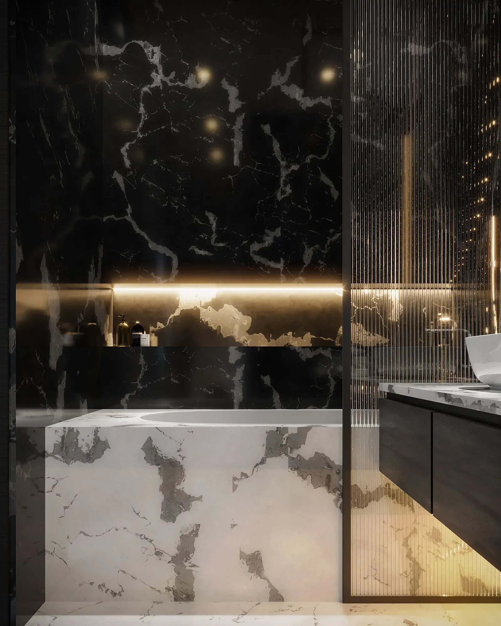 Black and white marble-look porcelain bathroom