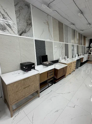 Row of bathroom vanities on display at the Avanos showroom