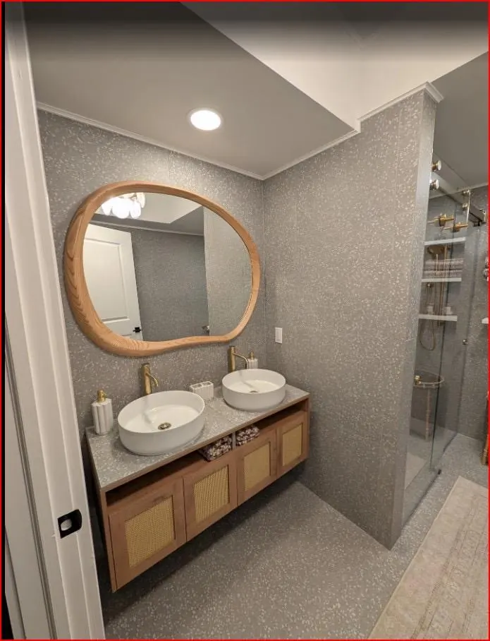Terrazzo double vanity in Cresskill, NJ: Terrazzo-look tile, floating double vanity with vessel sinks